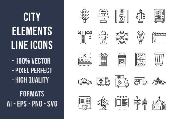 50 City Elements Line Icons for Local Brand Graphics