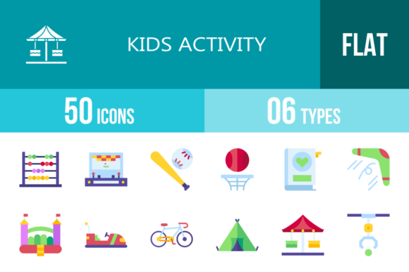 50 Kids Activity Flat Multicolor Icons Graphics Review