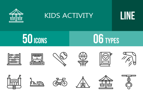 50 Kids Activity Line Icons